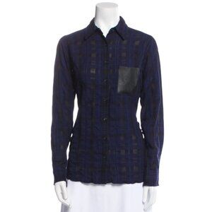Maje Navy Plaid Shirt Lambskin Leather Pocket Button Down Blouse Size 2